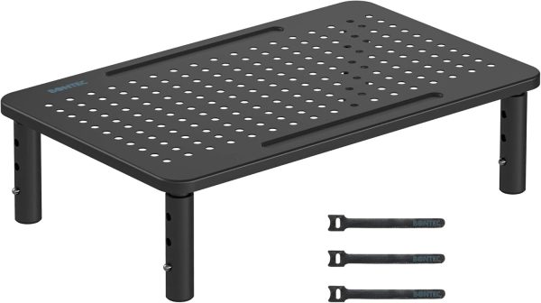 Adjustable Monitor Stand, Ergonomic Metal Riser with 3 Height Levels (100/120/140mm), Ventilated Mesh Surface, 20 kg Max Load, Cable Management, Laptop & Computer Monitor Riser