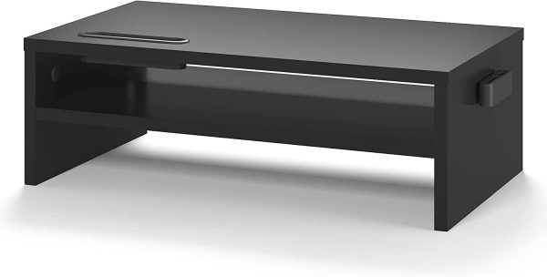 2 Tier Wooden Monitor Stand, 420mm Wide, 142mm Height, 30kg Load, with Cable Management, Phone Holder, Black