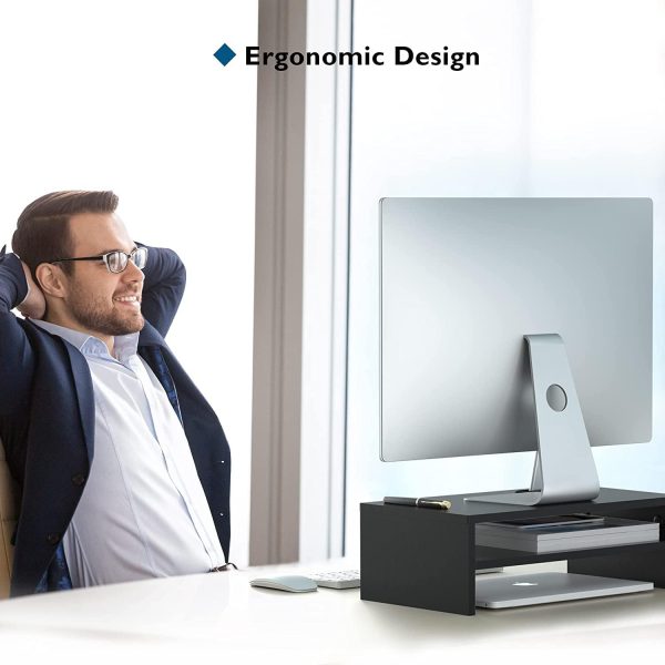 2 Tier Wooden Monitor Stand, 420mm Wide, 142mm Height, 30kg Load, with Cable Management, Phone Holder, Black