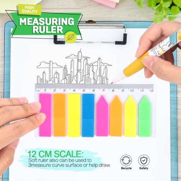 12 Pack Neon Index Flags, 1920 Pcs Multicolour Sticky Page Markers, Rectangle & Arrow Colour Tabs, Translucent Sticker Note Flags with 12 cm Ruler