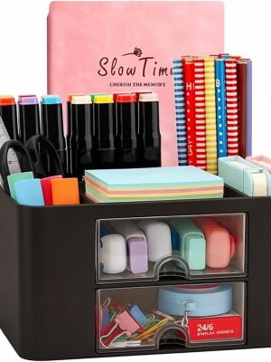 Creative & Simple 7-Grid Desk Organiser with Drawer, Multifunctional Pen Holder for School, Office, Home (Black)