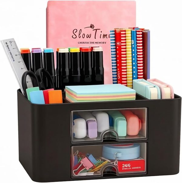 Creative & Simple 7-Grid Desk Organiser with Drawer, Multifunctional Pen Holder for School, Office, Home (Black)