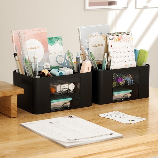 Creative & Simple 7-Grid Desk Organiser with Drawer, Multifunctional Pen Holder for School, Office, Home (Black)