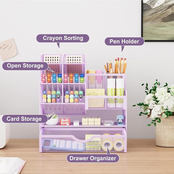 Mesh Desk Organizer, Stationery Organizer, Multifunctional Pen Holder with Desktop Storage Drawer