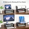 2 Tier Wooden Monitor Stand, 420mm Wide, 142mm Height, 30kg Load, with Cable Management, Phone Holder, Black