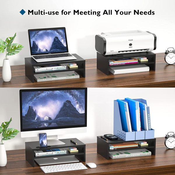 2 Tier Wooden Monitor Stand, 420mm Wide, 142mm Height, 30kg Load, with Cable Management, Phone Holder, Black
