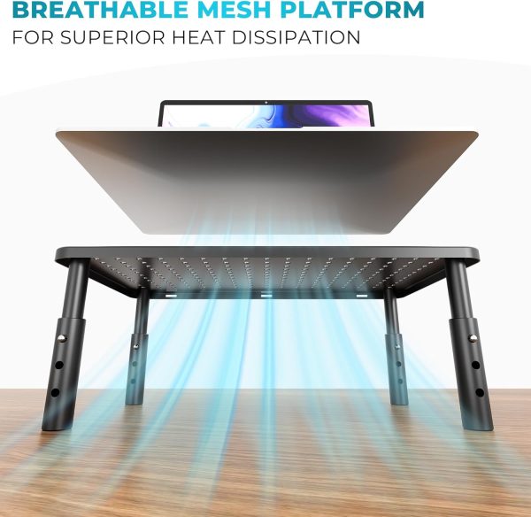 Adjustable Monitor Stand, Ergonomic Metal Riser with 3 Height Levels (100/120/140mm), Ventilated Mesh Surface, 20 kg Max Load, Cable Management, Laptop & Computer Monitor Riser