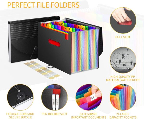 24-Pocket Expanding File Organiser Box, A4 Concertina Folder with Tabs for Documents, Receipts & Paperwork