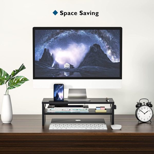 2 Tier Wooden Monitor Stand, 420mm Wide, 142mm Height, 30kg Load, with Cable Management, Phone Holder, Black