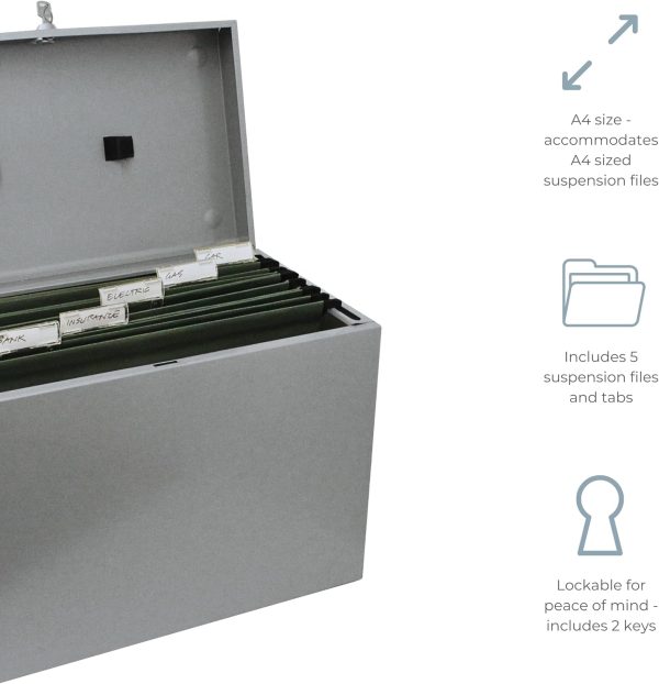 71B478yyWUL._AC_SL1500_ A4 Steel File Storage Box with 5 Suspension Files – Document Organiser for Home & Office