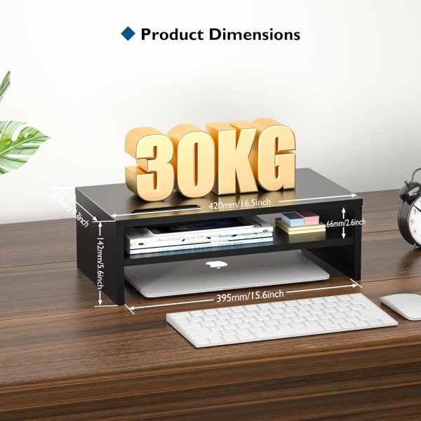 2 Tier Wooden Monitor Stand, 420mm Wide, 142mm Height, 30kg Load, with Cable Management, Phone Holder, Black