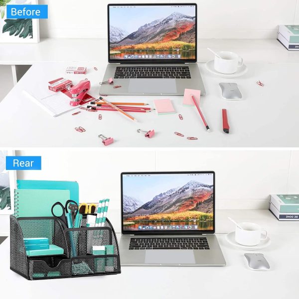 Mesh Desk Organiser, Multi-Use Desk Tidy & Pen Holder with 6 Storage and 1 Slide Drawer, stationery Organiser for Desktop (Black)