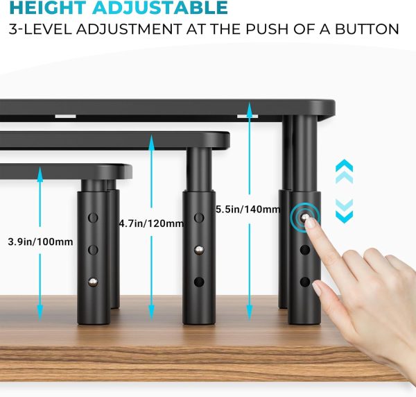 Adjustable Monitor Stand, Ergonomic Metal Riser with 3 Height Levels (100/120/140mm), Ventilated Mesh Surface, 20 kg Max Load, Cable Management, Laptop & Computer Monitor Riser