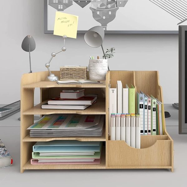 4-Tier Wood Desk Organizer Letter Tray, A4 Paper Sorter, Magazine File Holder with Vertical/Horizontal Storage Box