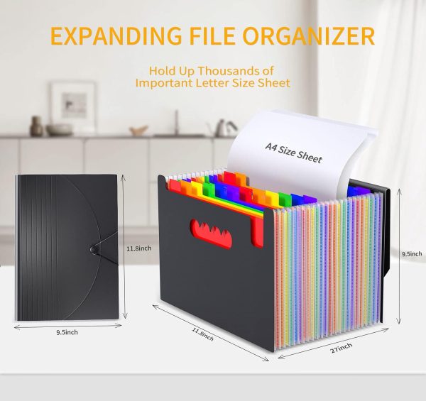24-Pocket Expanding File Organiser Box, A4 Concertina Folder with Tabs for Documents, Receipts & Paperwork