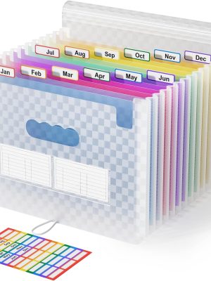 A4 Expanding File Organiser with Grid Pattern, 13 Pockets, Expandable Document Filling Box, Accordion Desk Folder, Portable Rainbow File Wallet, Plastic Bill Storage Bag