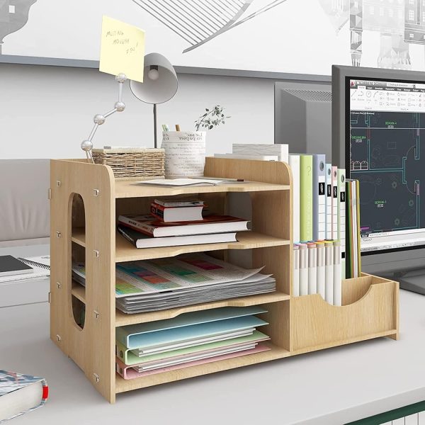 4-Tier Wood Desk Organizer Letter Tray, A4 Paper Sorter, Magazine File Holder with Vertical/Horizontal Storage Box