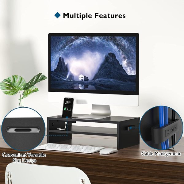 2 Tier Wooden Monitor Stand, 420mm Wide, 142mm Height, 30kg Load, with Cable Management, Phone Holder, Black