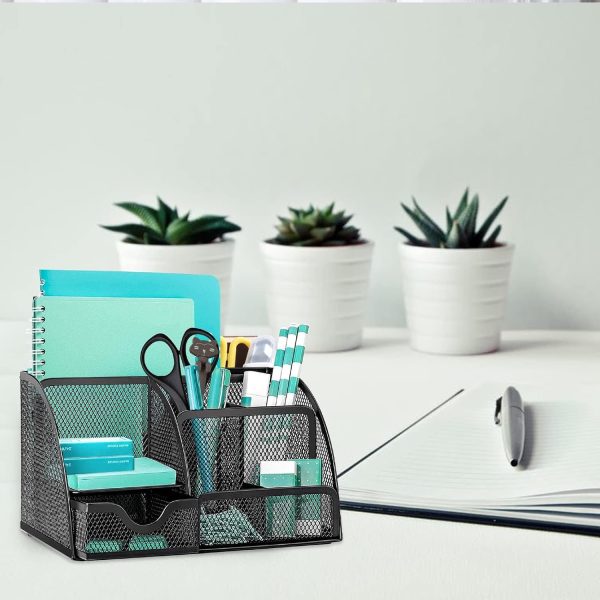Mesh Desk Organiser, Multi-Use Desk Tidy & Pen Holder with 6 Storage and 1 Slide Drawer, stationery Organiser for Desktop (Black)