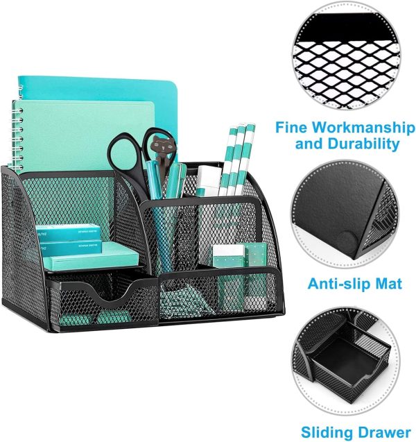 Mesh Desk Organiser, Multi-Use Desk Tidy & Pen Holder with 6 Storage and 1 Slide Drawer, stationery Organiser for Desktop (Black)