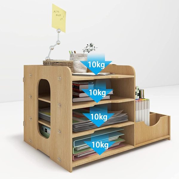 4-Tier Wood Desk Organizer Letter Tray, A4 Paper Sorter, Magazine File Holder with Vertical/Horizontal Storage Box
