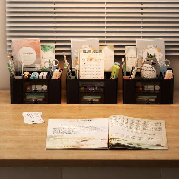 Creative & Simple 7-Grid Desk Organiser with Drawer, Multifunctional Pen Holder for School, Office, Home (Black)