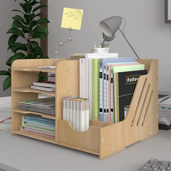 4-Tier Wood Desk Organizer Letter Tray, A4 Paper Sorter, Magazine File Holder with Vertical/Horizontal Storage Box