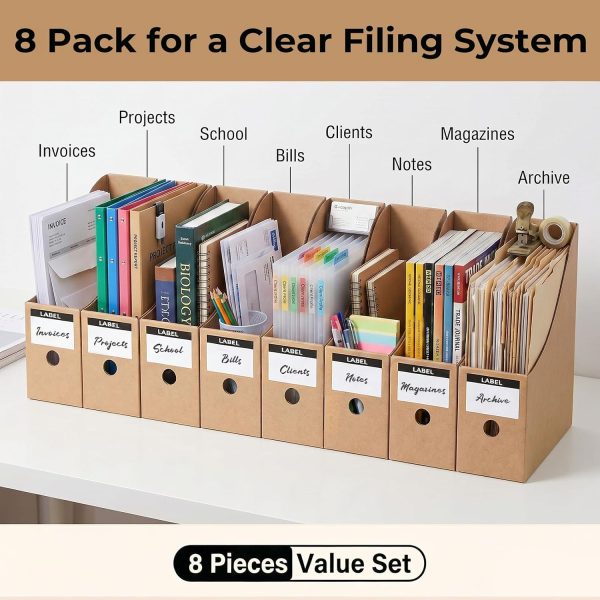 8 Pack Kraft Magazine File Holder, A4 Cardboard Desk Organiser with Label Slots for Document Storage