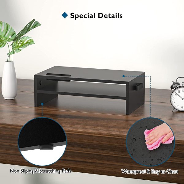 2 Tier Wooden Monitor Stand, 420mm Wide, 142mm Height, 30kg Load, with Cable Management, Phone Holder, Black
