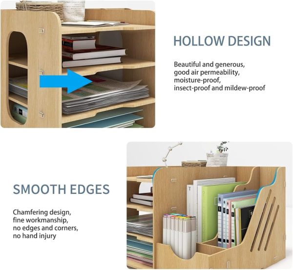4-Tier Wood Desk Organizer Letter Tray, A4 Paper Sorter, Magazine File Holder with Vertical/Horizontal Storage Box