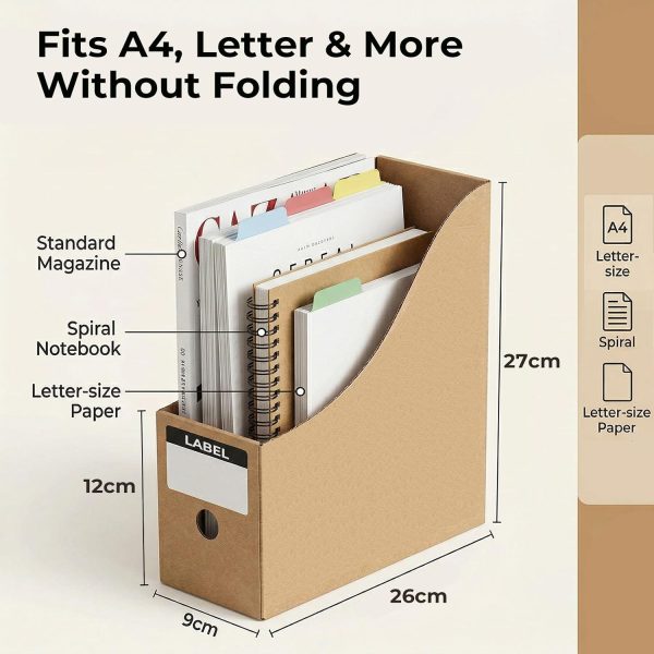 8 Pack Kraft Magazine File Holder, A4 Cardboard Desk Organiser with Label Slots for Document Storage