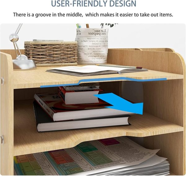 4-Tier Wood Desk Organizer Letter Tray, A4 Paper Sorter, Magazine File Holder with Vertical/Horizontal Storage Box