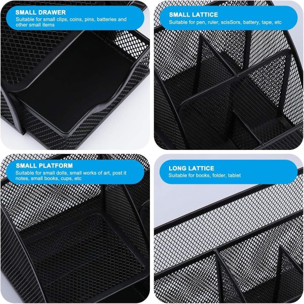 Mesh Desk Organiser, Multi-Use Desk Tidy & Pen Holder with 6 Storage and 1 Slide Drawer, stationery Organiser for Desktop (Black)