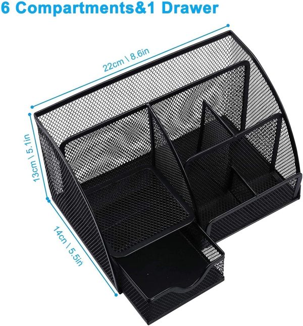 Mesh Desk Organiser, Multi-Use Desk Tidy & Pen Holder with 6 Storage and 1 Slide Drawer, stationery Organiser for Desktop (Black)