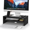 2 Tier Wooden Monitor Stand, 420mm Wide, 142mm Height, 30kg Load, with Cable Management, Phone Holder, Black