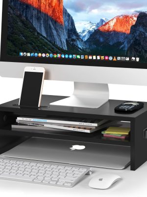 2 Tier Wooden Monitor Stand, 420mm Wide, 142mm Height, 30kg Load, with Cable Management, Phone Holder, Black