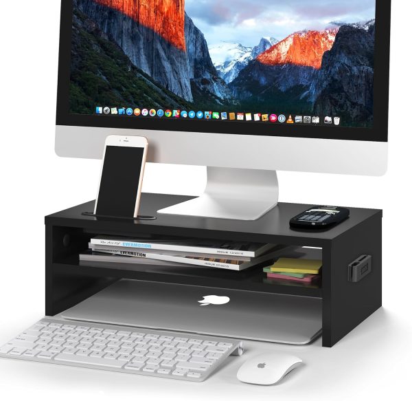 2 Tier Wooden Monitor Stand, 420mm Wide, 142mm Height, 30kg Load, with Cable Management, Phone Holder, Black