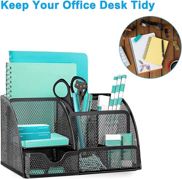 Mesh Desk Organiser, Multi-Use Desk Tidy & Pen Holder with 6 Storage and 1 Slide Drawer, stationery Organiser for Desktop (Black)