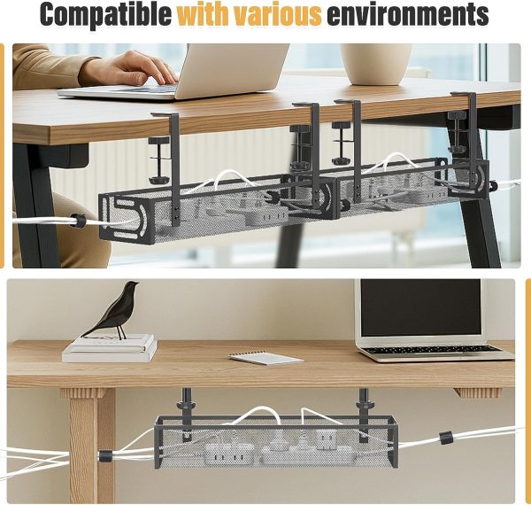 Under Desk Cable Management Tray, Non-Drilling Cable Basket, Screw-Free Wire Organizer Clip