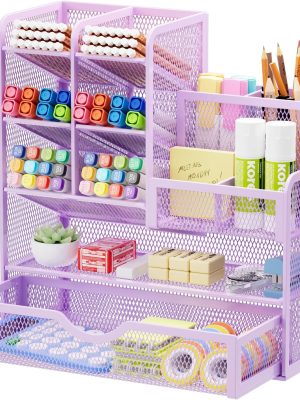 Mesh Desk Organizer, Stationery Organizer, Multifunctional Pen Holder with Desktop Storage Drawer