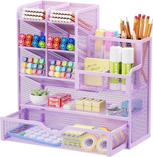 Mesh Desk Organizer, Stationery Organizer, Multifunctional Pen Holder with Desktop Storage Drawer