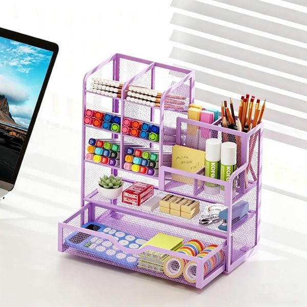 Mesh Desk Organizer, Stationery Organizer, Multifunctional Pen Holder with Desktop Storage Drawer