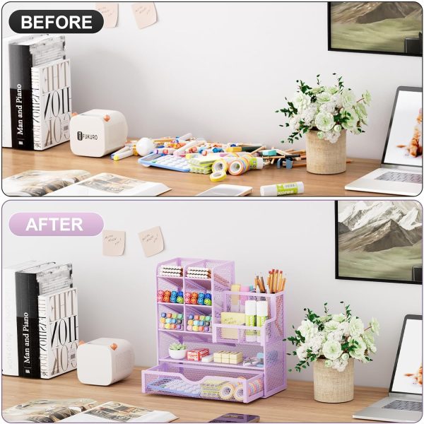 Mesh Desk Organizer, Stationery Organizer, Multifunctional Pen Holder with Desktop Storage Drawer