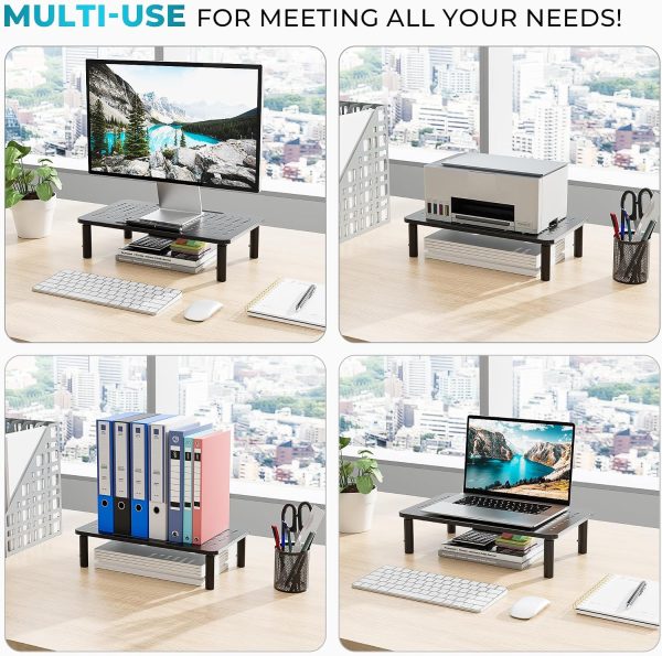 Adjustable Monitor Stand, Ergonomic Metal Riser with 3 Height Levels (100/120/140mm), Ventilated Mesh Surface, 20 kg Max Load, Cable Management, Laptop & Computer Monitor Riser