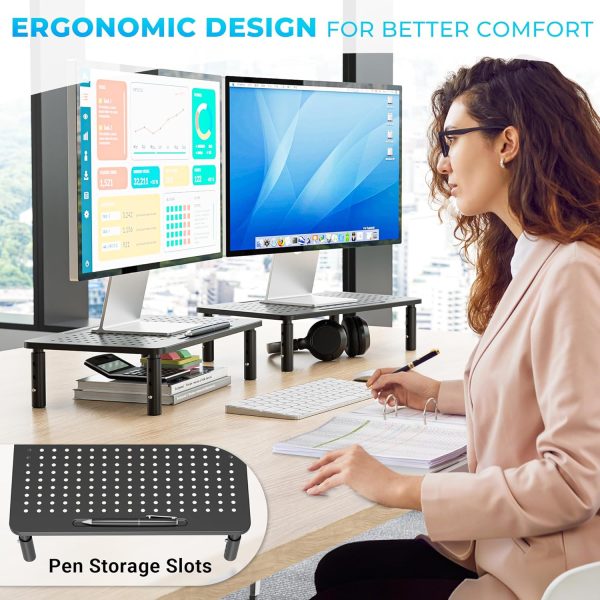 Adjustable Monitor Stand, Ergonomic Metal Riser with 3 Height Levels (100/120/140mm), Ventilated Mesh Surface, 20 kg Max Load, Cable Management, Laptop & Computer Monitor Riser