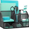 Mesh Desk Organiser, Multi-Use Desk Tidy & Pen Holder with 6 Storage and 1 Slide Drawer, stationery Organiser for Desktop (Black)