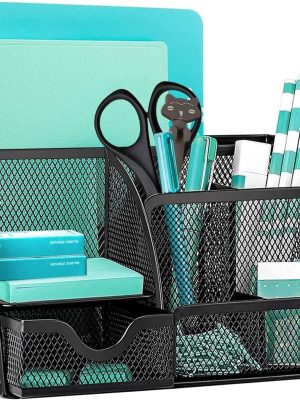 81ei50vAEcL._AC_SL1500_ Mesh Desk Organiser, Multi-Use Desk Tidy & Pen Holder with 6 Storage and 1 Slide Drawer, Stationary Organiser for Desktop (Black)