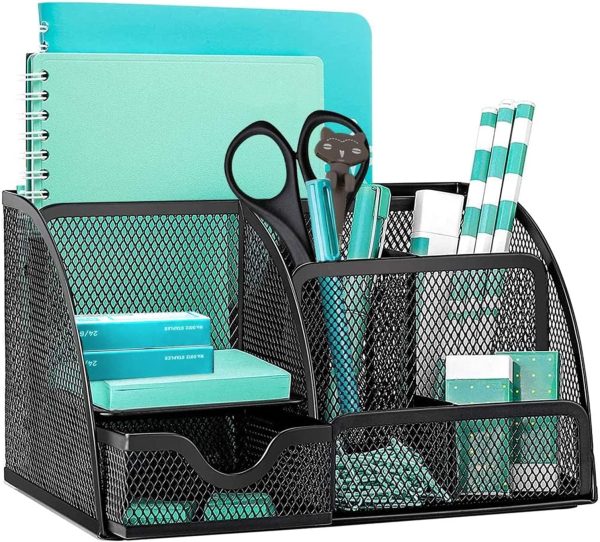 Mesh Desk Organiser, Multi-Use Desk Tidy & Pen Holder with 6 Storage and 1 Slide Drawer, stationery Organiser for Desktop (Black)