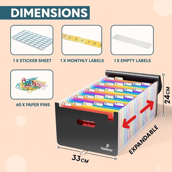 26 Folders A4 Document Organiser, 34 x 25 x 4 cm, PP with Flap & Elastic Closure, Includes Labels