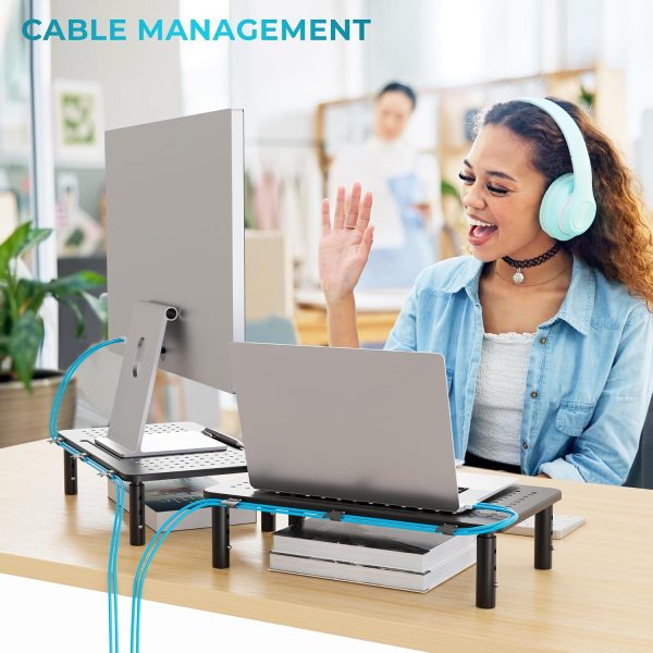 Adjustable Monitor Stand, Ergonomic Metal Riser with 3 Height Levels (100/120/140mm), Ventilated Mesh Surface, 20 kg Max Load, Cable Management, Laptop & Computer Monitor Riser